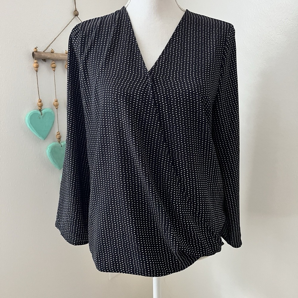 Adrianna Papell Black White Polka Dot Ruffle Neck Roll Tab Sleeve Blouse S